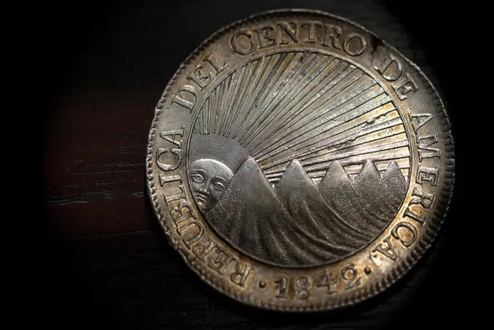 Framed Print : Lustrous Central American Republic 8 Reales 1842 / 37 - Radiant Sun over 4 Volcanoes Obverse