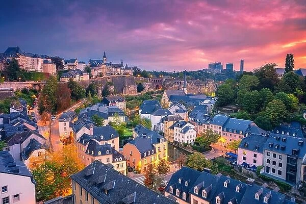 Luxembourg City, Luxembourg. Aerial cityscape image of old town Luxembourg City skyline during beautiful sunrise