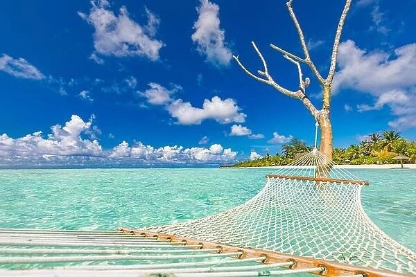 Luxury beach. Luxury travel background. Summer vacation or holiday concept on tropical beach, white sand and an amazing swing or hammock over blue sea