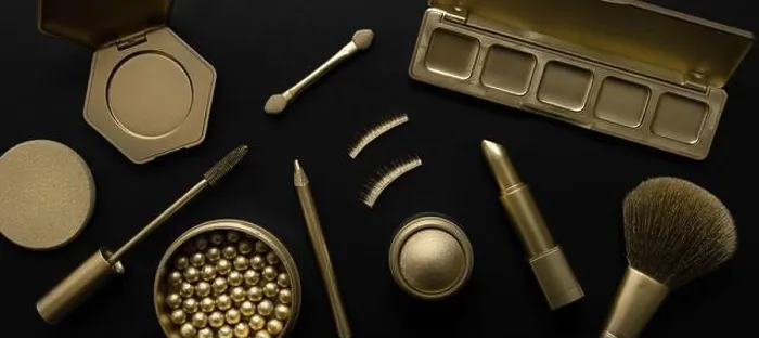 Framed Print : luxury cosmetics - set with golden makeup beauty products on black background. banner Framed Print : luxury cosmetics - set with golden makeup beauty products on black background. banner