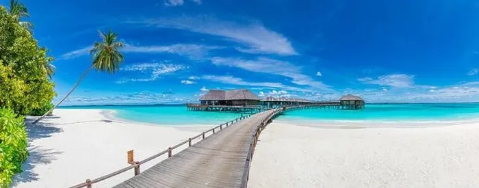 Framed Print : Luxury island resort vacation holiday panoramic landscape. Amazing travel beach banner panorama. Jetty pier with water villas, relax stunning sea palm Framed Print : Luxury island resort vacation holiday panoramic landscape. Amazing travel beach banner panorama. Jetty pier with water villas, relax stunning sea palm