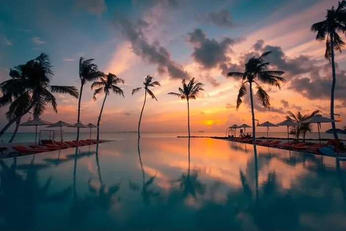 Framed Print : Luxury resort beach. Beautiful poolside and sunset sky. Luxurious tropical beach landscape, deck chairs and loungers infinity pool water reflection Framed Print : Luxury resort beach. Beautiful poolside and sunset sky. Luxurious tropical beach landscape, deck chairs and loungers infinity pool water reflection