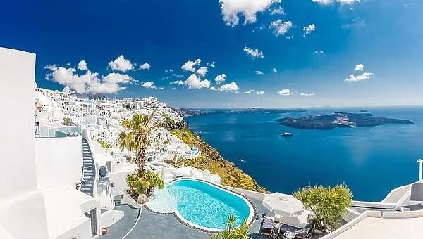 Luxury summer travel and vacation destination of white architecture. Amazing panoramic landscape sky, tranquil sea view, swimming pool, cruise ships