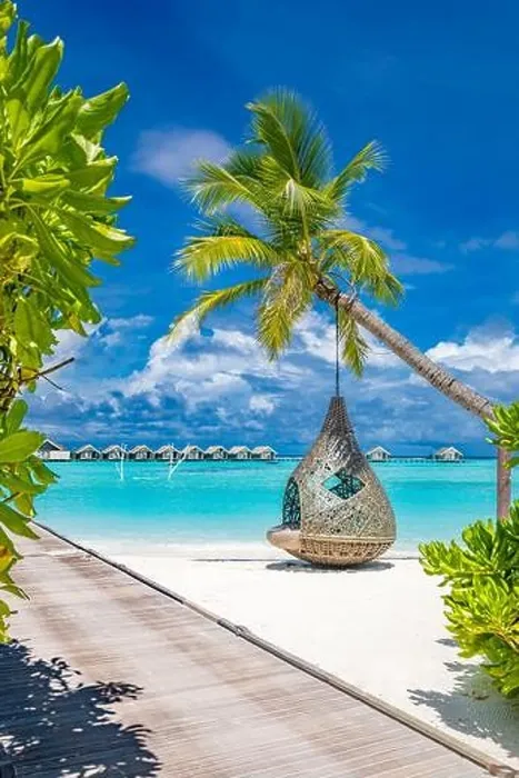 Framed Print : Luxury tropical beach background as summer landscape with beach swing or hammock and white sand and calm sea for beach banner. Exotic travel vacation Framed Print : Luxury tropical beach background as summer landscape with beach swing or hammock and white sand and calm sea for beach banner. Exotic travel vacation