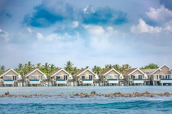 Luxury vacation in Maldives with water bungalows and palm trees background on tropical island. Exotic travel destination