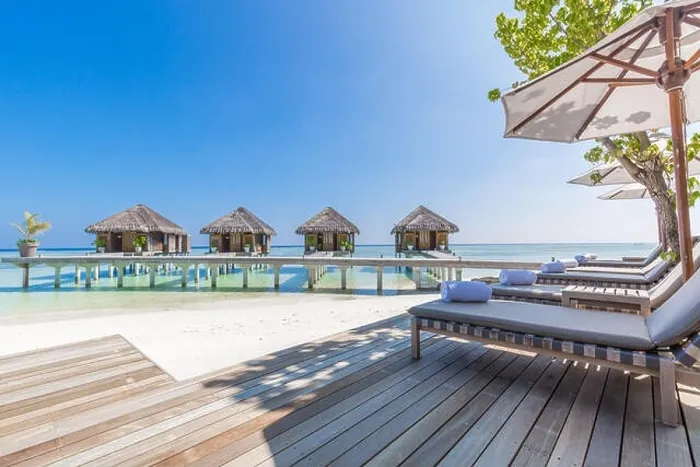 Framed Print : Luxury water villas in Maldives, tropical resort or hotel background. Exotic travel destination