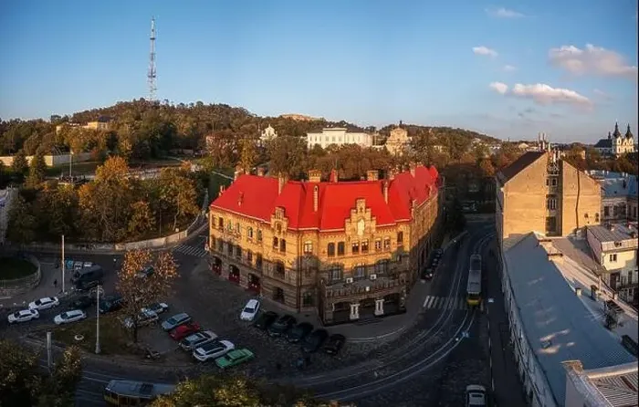 Framed Print : Lviv, Ukarine - October 26, 2021: Aerial view on Lviv fire station from drone Framed Print : Lviv, Ukarine - October 26, 2021: Aerial view on Lviv fire station from drone
