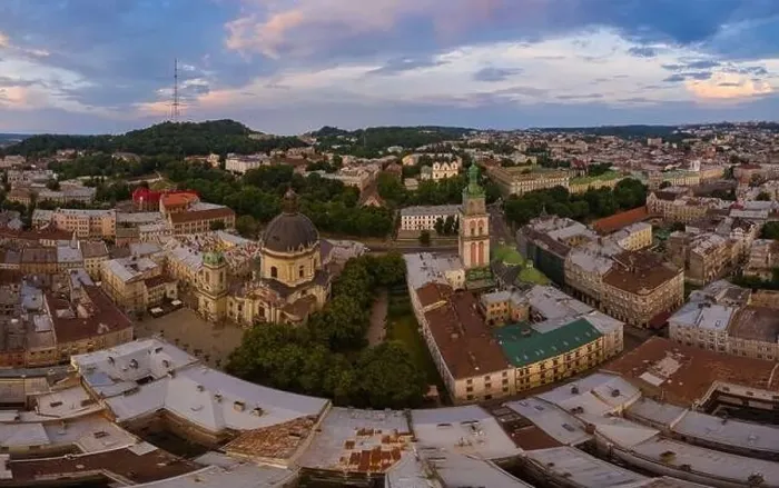 Framed Print : Lviv, Ukraine - 2020: Aerial view on Dominican Church and Dormition Church in Lviv, Ukraine from drone
