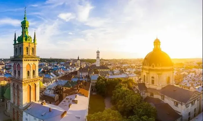 Framed Print : Lviv, Ukraine - 2020: Aerial view on Dominican Church and Dormition Church in Lviv, Ukraine from drone