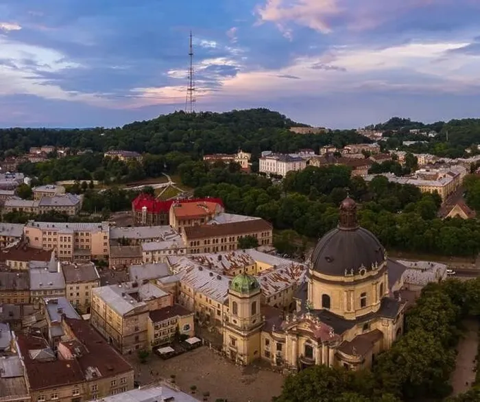 Framed Print : Lviv, Ukraine - 2020: Aerial view on Dominican Church in Lviv, Ukraine from drone Framed Print : Lviv, Ukraine - 2020: Aerial view on Dominican Church in Lviv, Ukraine from drone