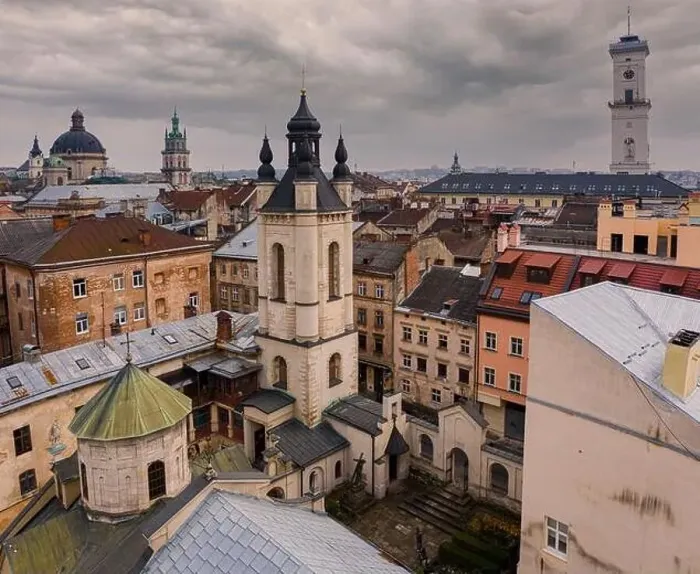 Framed Print : Lviv, Ukraine - April 17, 2020: View on Armenian Cathedral of the Assumption of Mary from drone Framed Print : Lviv, Ukraine - April 17, 2020: View on Armenian Cathedral of the Assumption of Mary from drone