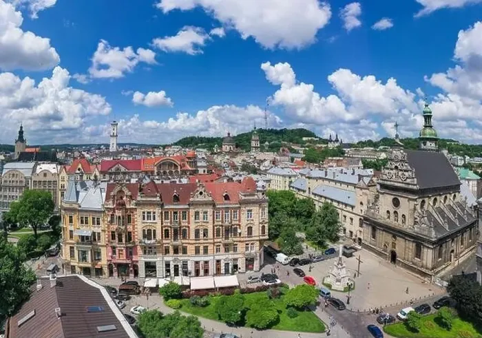Framed Print : Lviv, Ukraine - August 24, 2020: Aerial view on Bernardine church in Lviv from drone Framed Print : Lviv, Ukraine - August 24, 2020: Aerial view on Bernardine church in Lviv from drone