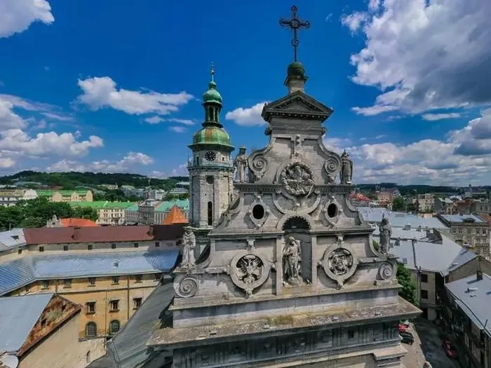 Framed Print : Lviv, Ukraine - August 24, 2020: Aerial view on Bernardine church in Lviv from drone Framed Print : Lviv, Ukraine - August 24, 2020: Aerial view on Bernardine church in Lviv from drone