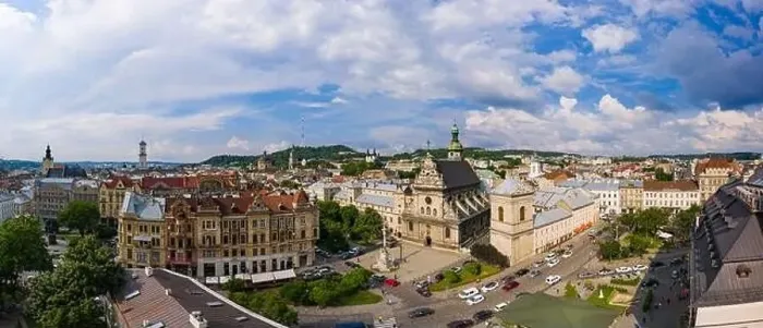 Framed Print : Lviv, Ukraine - August 24, 2020: Aerial view on Bernardine church in Lviv from drone Framed Print : Lviv, Ukraine - August 24, 2020: Aerial view on Bernardine church in Lviv from drone
