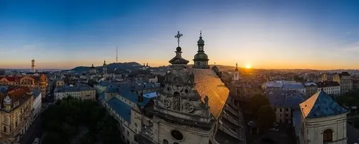 Framed Print : Lviv, Ukraine - August 24, 2020: Aerial view on Bernardine church in Lviv from drone Framed Print : Lviv, Ukraine - August 24, 2020: Aerial view on Bernardine church in Lviv from drone