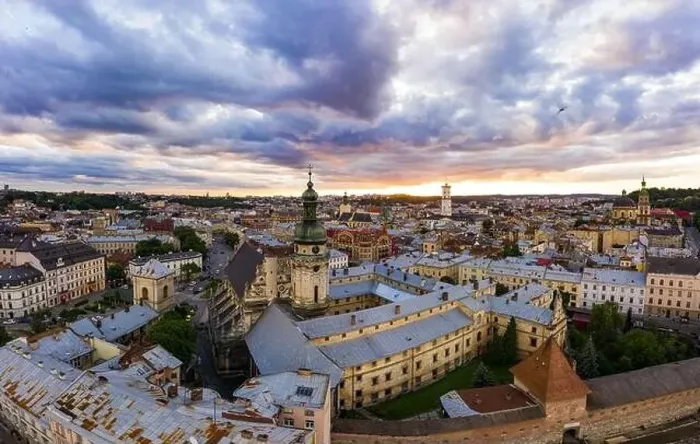 Framed Print : Lviv, Ukraine - August 24, 2020: Aerial view on Bernardine church in Lviv from drone Framed Print : Lviv, Ukraine - August 24, 2020: Aerial view on Bernardine church in Lviv from drone