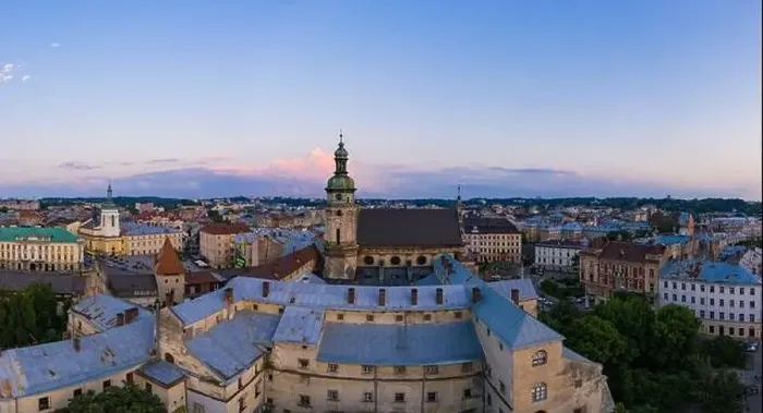 Framed Print : Lviv, Ukraine - August 24, 2020: Aerial view on Bernardine church in Lviv from drone Framed Print : Lviv, Ukraine - August 24, 2020: Aerial view on Bernardine church in Lviv from drone