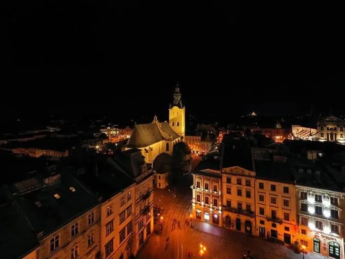 Framed Print : Lviv, Ukraine - August 24, 2020: View on Latin Cathedral in Lviv, Ukraine at night from drone