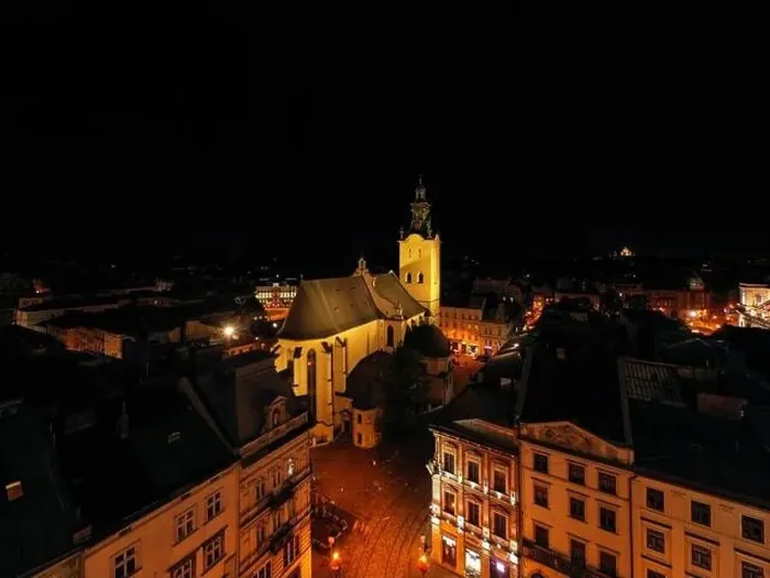 Framed Print : Lviv, Ukraine - August 24, 2020: View on Latin Cathedral in Lviv, Ukraine at night from drone