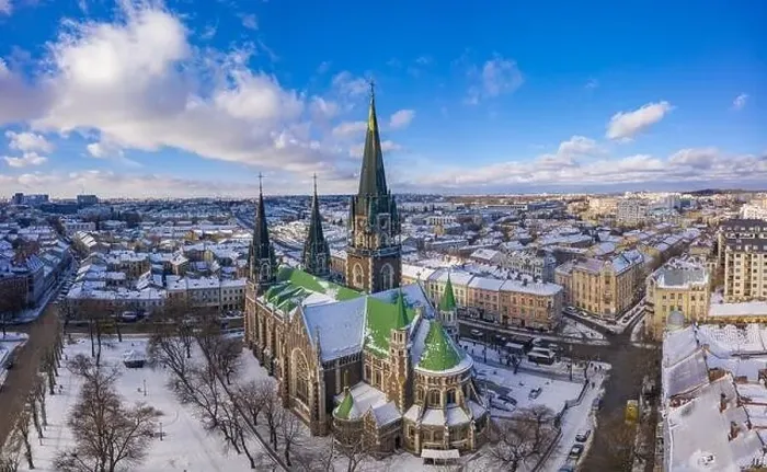 Framed Print : Lviv, Ukraine - January 29, 2021: Aerial veiw on Elizabeth church in Lviv, Ukraine from drone Framed Print : Lviv, Ukraine - January 29, 2021: Aerial veiw on Elizabeth church in Lviv, Ukraine from drone