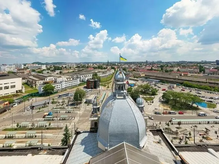 Framed Print : Lviv, Ukraine - July 1, 2021: View on railway station in lviv from drone Framed Print : Lviv, Ukraine - July 1, 2021: View on railway station in lviv from drone