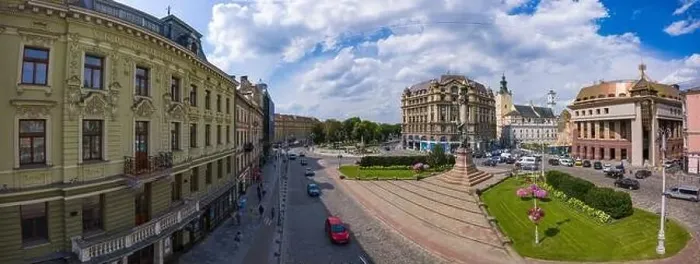 Framed Print : Lviv, Ukraine - July, 2020: Aerial view on Monument to Adam Mickiewicz in Lviv, Ukraine from drone Framed Print : Lviv, Ukraine - July, 2020: Aerial view on Monument to Adam Mickiewicz in Lviv, Ukraine from drone