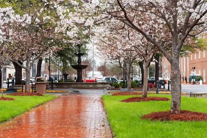 Framed Print : Macon, Georgia, USA downtown square in spring season with the fountain Framed Print : Macon, Georgia, USA downtown square in spring season with the fountain