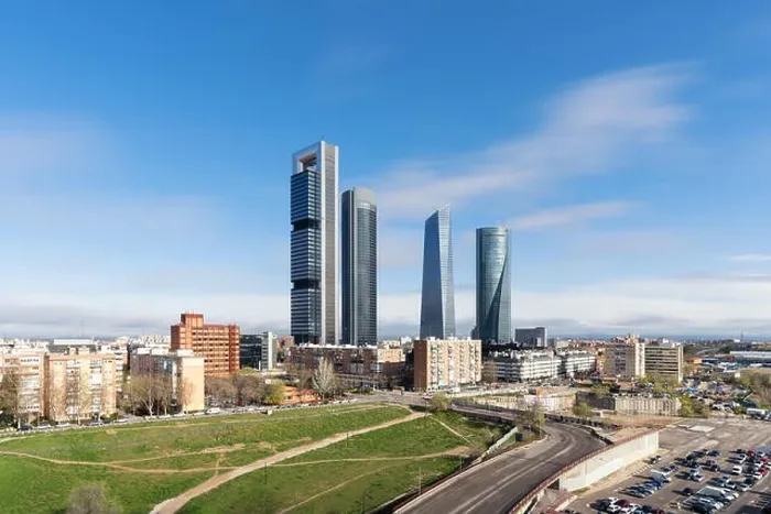 Framed Print : Madrid cityscape at daytime. Landscape of Madrid business building at Four Tower. Modern high building in business district area at Spain Framed Print : Madrid cityscape at daytime. Landscape of Madrid business building at Four Tower. Modern high building in business district area at Spain