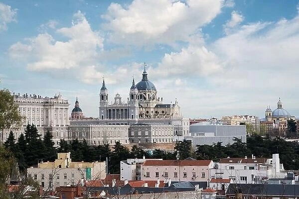 Madrid landmark. Landscape of Santa Maria la Real de La Almudena Cathedral and the Royal Palace. Beautiful skyline at Madrid, Spain