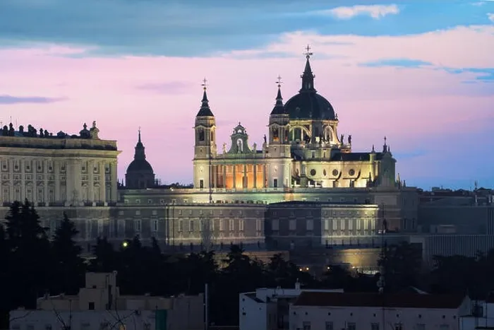 Framed Print : Madrid landmark at night. Landscape of Santa Maria la Real de La Almudena Cathedral and the Royal Palace. Beautiful skyline at Madrid, Spain