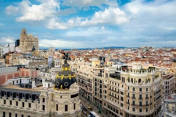 Madrid panoramic aerial view of Gran Via, main shopping street in Madrid, capital of Spain, Europe