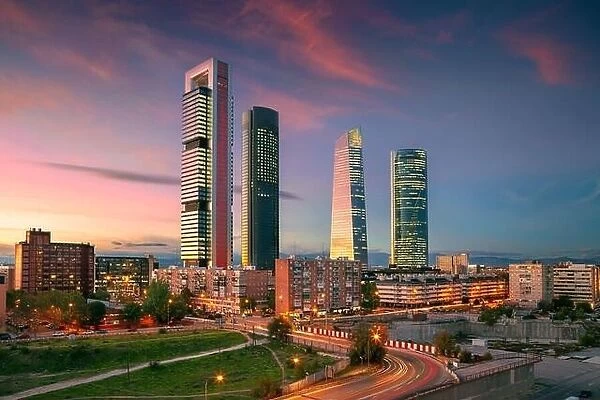 Madrid, Spain. Cityscape image of financial district of Madrid, Spain with modern skyscrapers at twilight blue hour