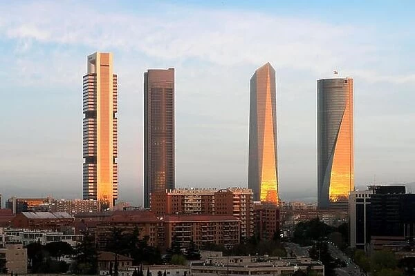 Madrid Four Towers financial district skyline during sunrise in Madrid, Spain