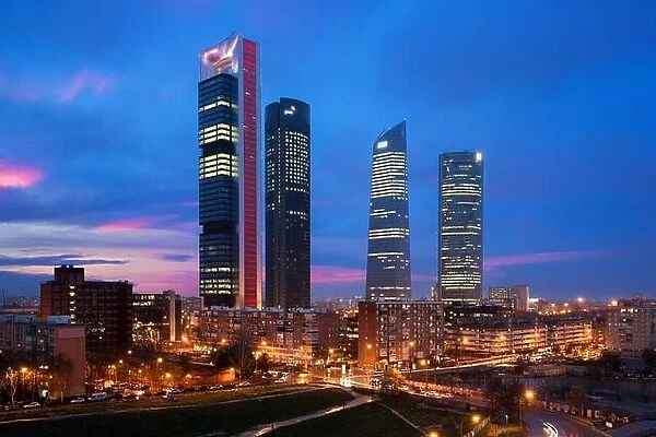Madrid Four Towers financial district skyline at twilight in Madrid, Spain