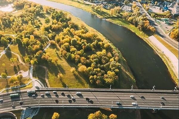 Mahiliou, Belarus. Aerial View Of Bridge over the Dnieper river In Mogilev. Aerial View Of Skyline In Autumn Day. Bird's-eye View