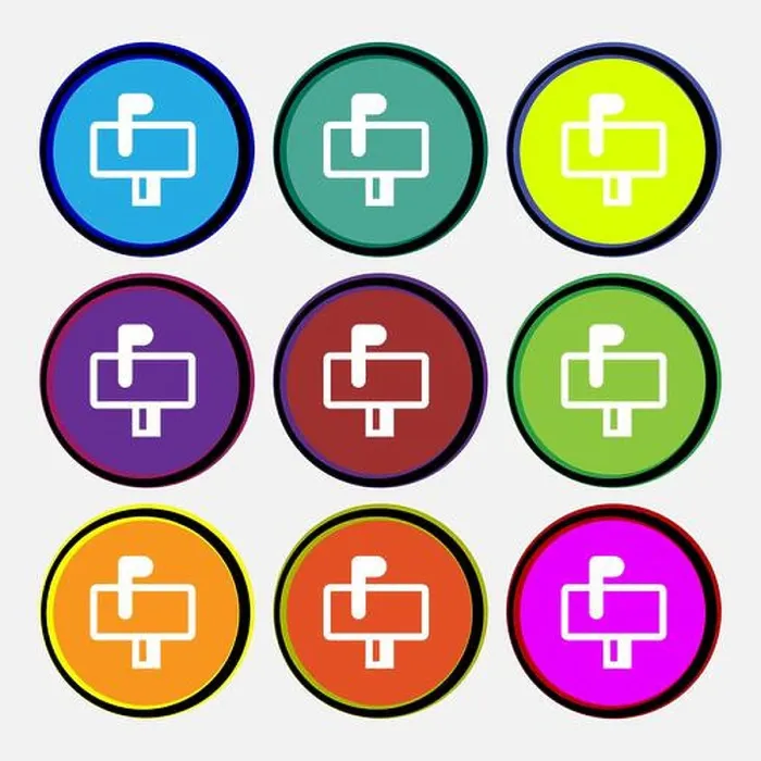 Framed Print : Mailbox icon sign. Nine multi-colored round buttons. Vector illustration
