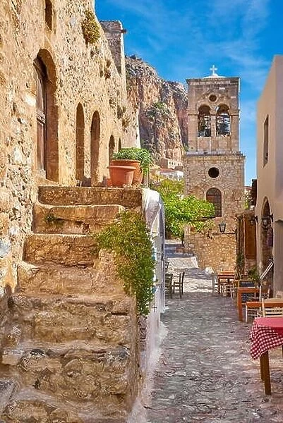 Main street in Monemvasia medieval village, Peloponnese, Greece