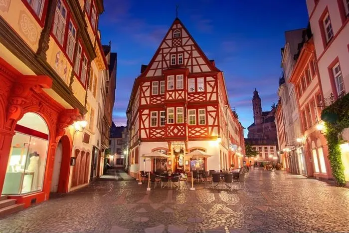 Framed Print : Mainz, Germany. Cityscape image of Mainz old town during twilight blue hour Framed Print : Mainz, Germany. Cityscape image of Mainz old town during twilight blue hour