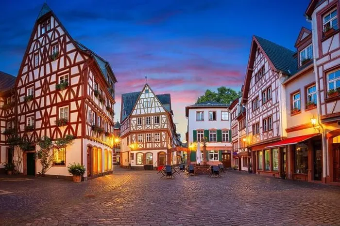 Framed Print : Mainz, Germany. Cityscape image of Mainz old town during twilight blue hour Framed Print : Mainz, Germany. Cityscape image of Mainz old town during twilight blue hour