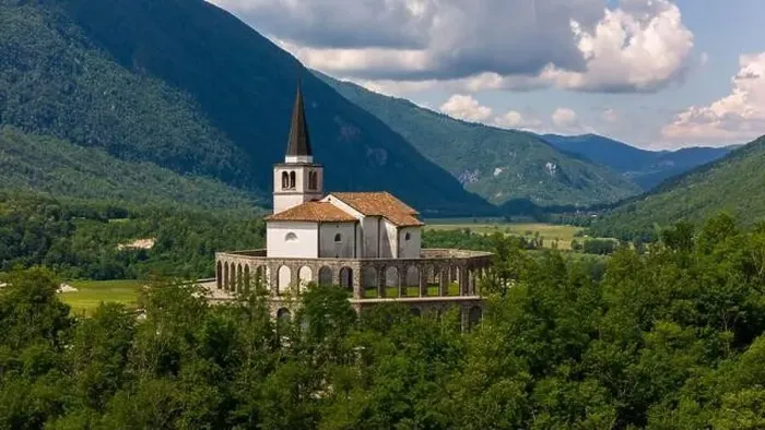 Framed Print : Majestic Aerial Drone View of The Italian Charnel House in Kobarid, Slovenia Framed Print : Majestic Aerial Drone View of The Italian Charnel House in Kobarid, Slovenia
