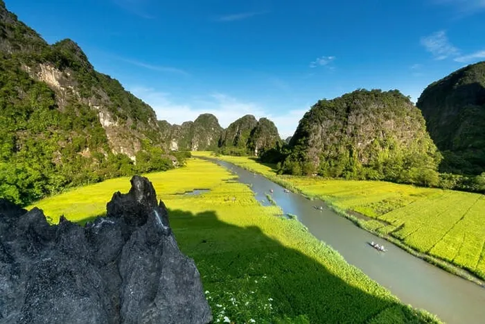 Framed Print : the majestic scenery on Ngo Dong river in Tam Coc Bich Dong view from the mountain top in Ninh Binh province of Viet Nam Framed Print : the majestic scenery on Ngo Dong river in Tam Coc Bich Dong view from the mountain top in Ninh Binh province of Viet Nam