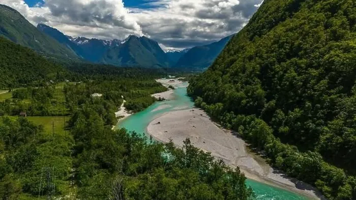 Framed Print : Majestic Soca River and Mountain Landscape Near Bovec, Slovenia: Aerial View Framed Print : Majestic Soca River and Mountain Landscape Near Bovec, Slovenia: Aerial View