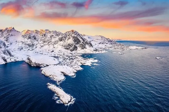 Framed Print : Majestic winter view from flying drone of southernmost of Lofoten islands town Framed Print : Majestic winter view from flying drone of southernmost of Lofoten islands town