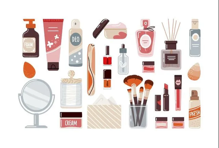 Framed Print : Makeup cosmetics in flat style top view on white background.Vector illustration Framed Print : Makeup cosmetics in flat style top view on white background.Vector illustration