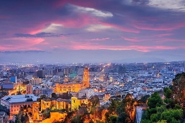Malaga, Spain cityscape at the Cathedral, City Hall and Alcazaba citadel of Malaga