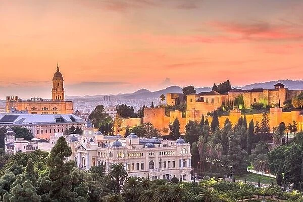 Malaga, Spain old town skyline at dusk