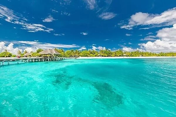 Maldives dream trip, beautiful, sunny, exotic vacations. Summer vacation on a tropical island in the Maldives as travel destination paradise island