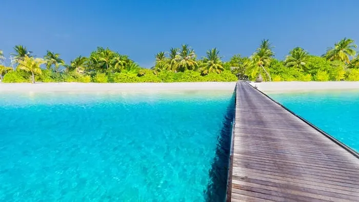 Framed Print : Maldives island beach panorama. Palm trees and beach bar and long wooden pier pathway. Tropical vacation and summer holiday background concept Framed Print : Maldives island beach panorama. Palm trees and beach bar and long wooden pier pathway. Tropical vacation and summer holiday background concept