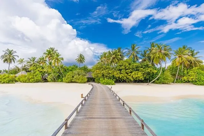Framed Print : Maldives island beach. Tropical landscape of summer scenery, sea sand sky over jetty pier. Luxury travel vacation destination. Exotic beach landscape