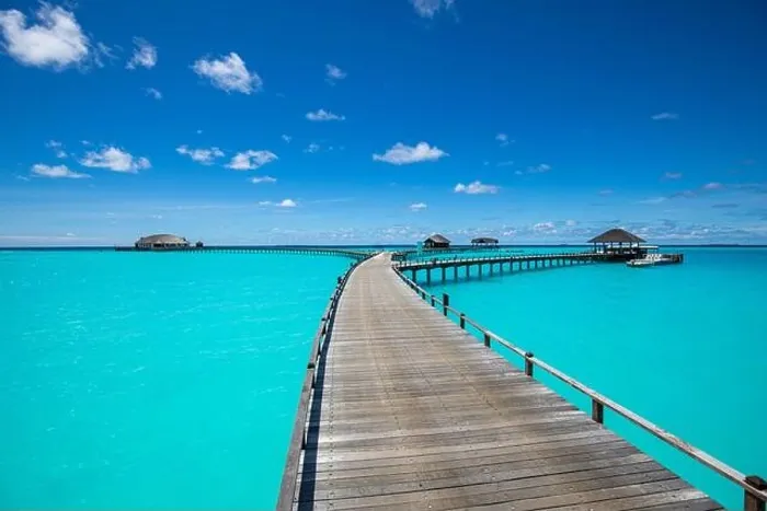 Framed Print : Maldives island beach. Tropical landscape of summer scenery, sea sand sky over jetty pier. Luxury travel vacation destination. Exotic beach landscape